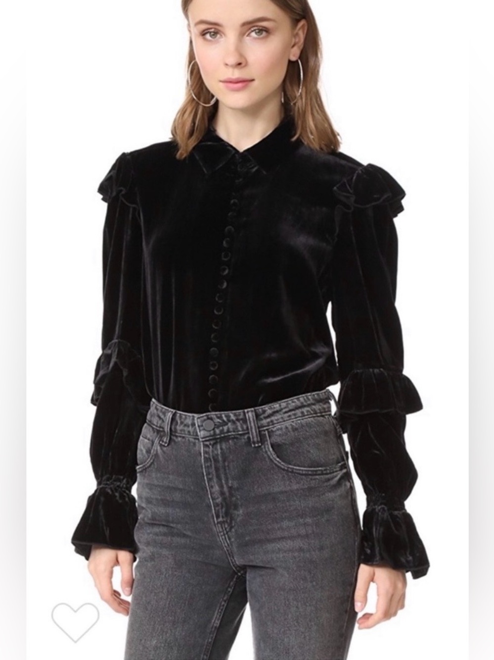 Frame Black Velvet Ruffle Button-Down Blouse